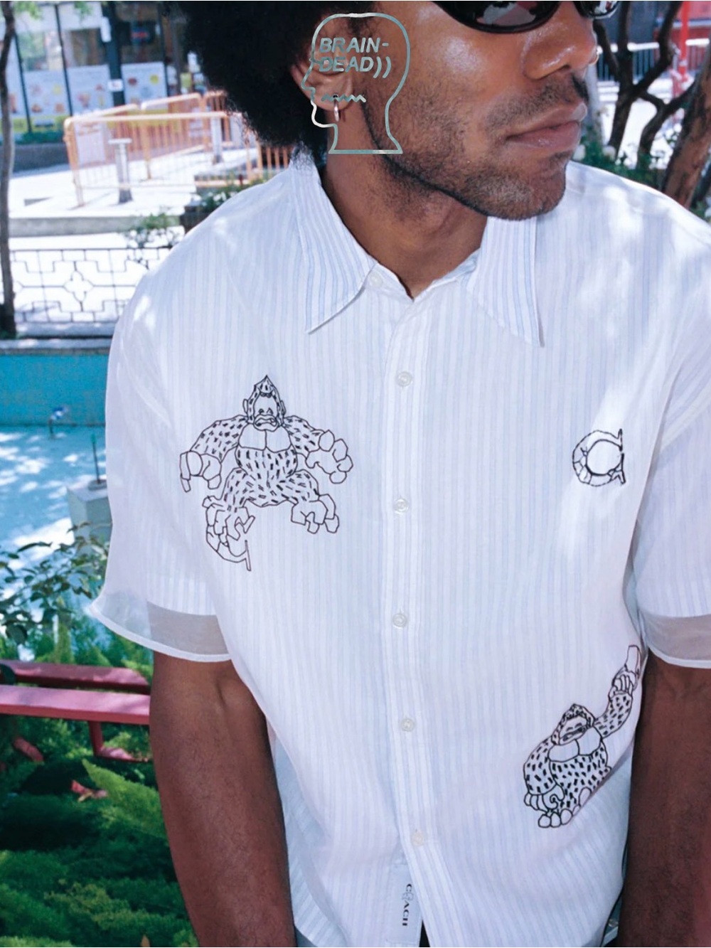 NEW BRAIN DEAD X COACH STRIPED CAMP BUTTON SHIRT - BLUE STRIPE